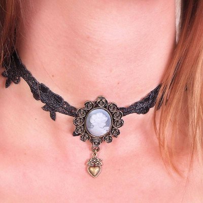 Choker Necklace Black Vintage Lace and Cameo - $8.00