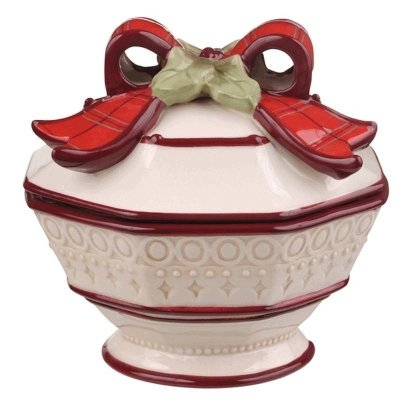 Red Plaid Bow Christmas Candy Dish with Lid