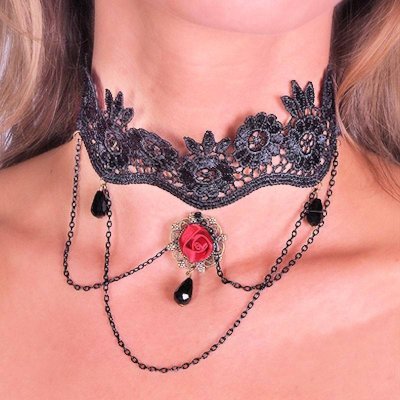 Choker Necklace Red Rose and Vintage Black Lace - $8.00