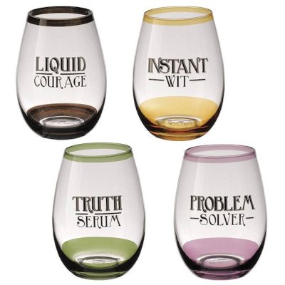 Funny Titles Stemless Wine Glass Set of 4