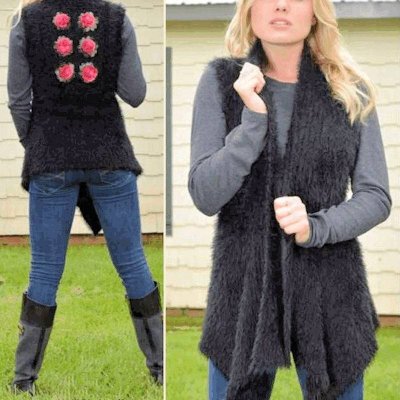 Rose Design Sleeveless Black Sweater Vest