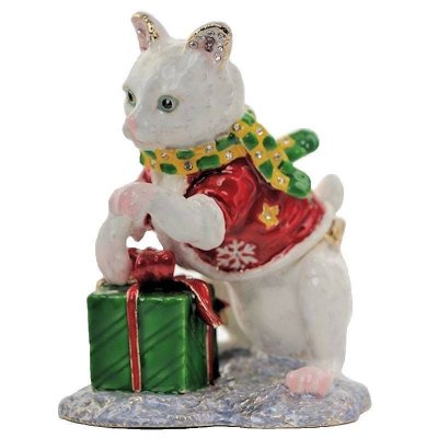 Christmas Feline Cat Figurine Trinket Box by Keren Kopal