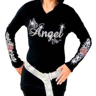 Angel & Roses Rhinestone Hoodie Shirt by Sabrina Barnett