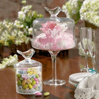 Bird Handle Etched Glass Candy Jar