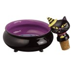 Black Cat Figurine Wine Stopper & Cauldron Coaster Set