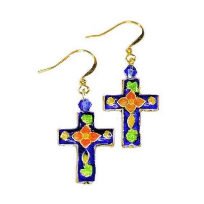 Cloisonne Cross & Crystal Beaded Earrings