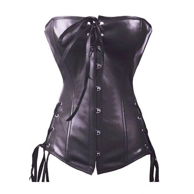 Black Leather Corset Top with Lace up Bodice and Sides