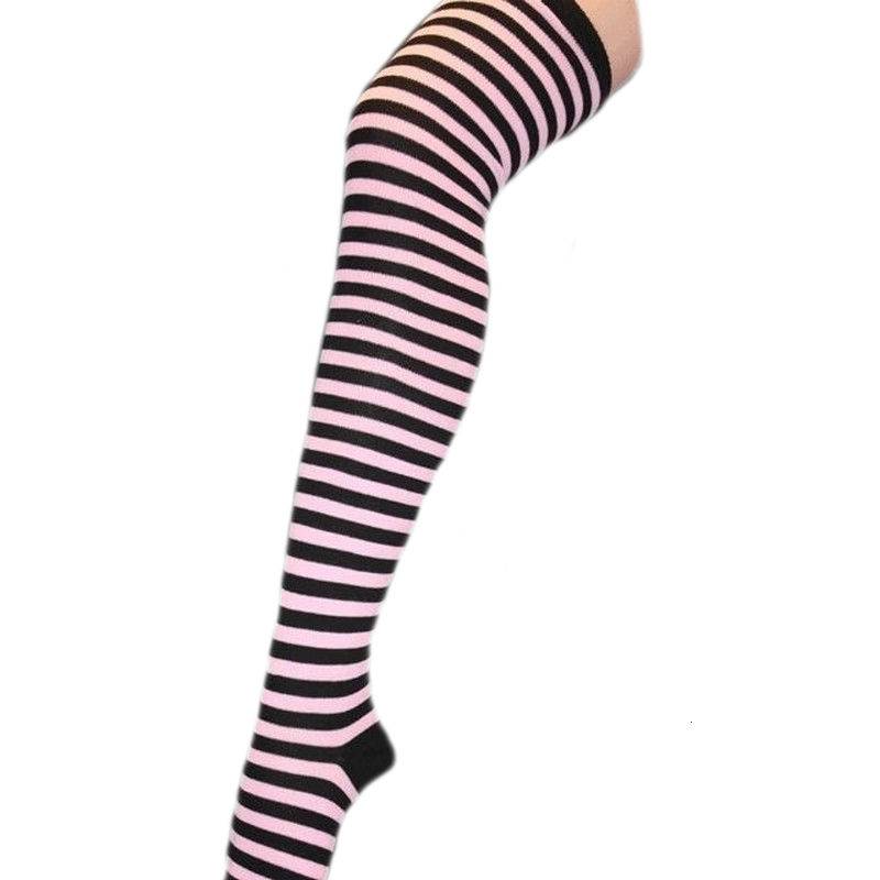 Pink & Black Stripe Thigh High Socks