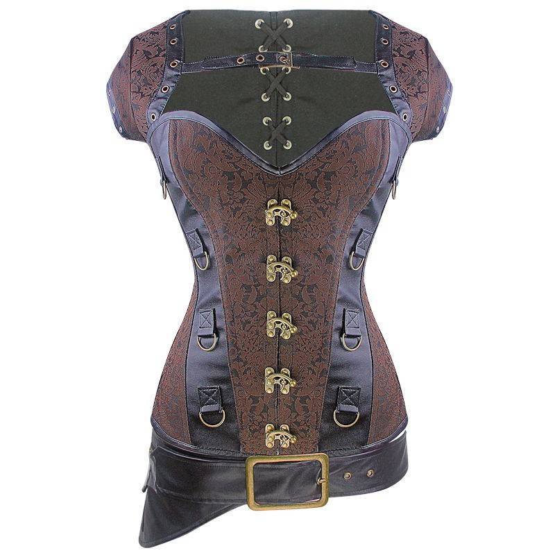 Steel Boned Brown Corset with Jacket and Belt Also Plus Size - $52.00