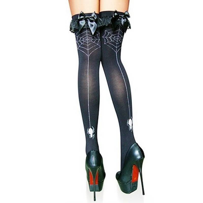 Spider Web Design Black Thigh High Stockings