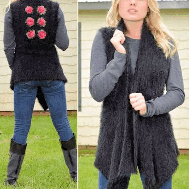 Rose Design Sleeveless Black Sweater Vest