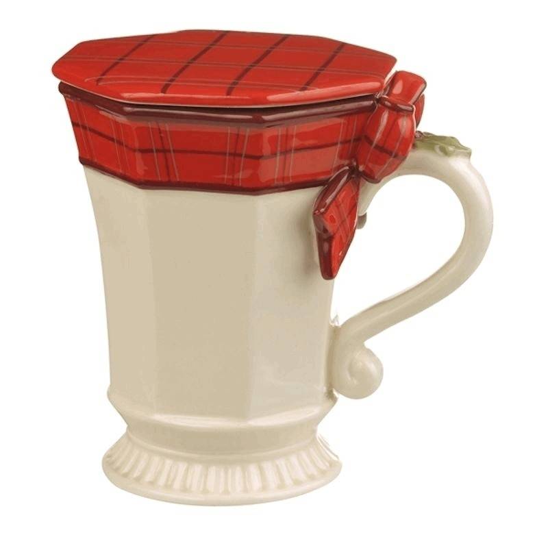 Red Plaid Bow Christmas Coffee Mug with Lid or Coaster